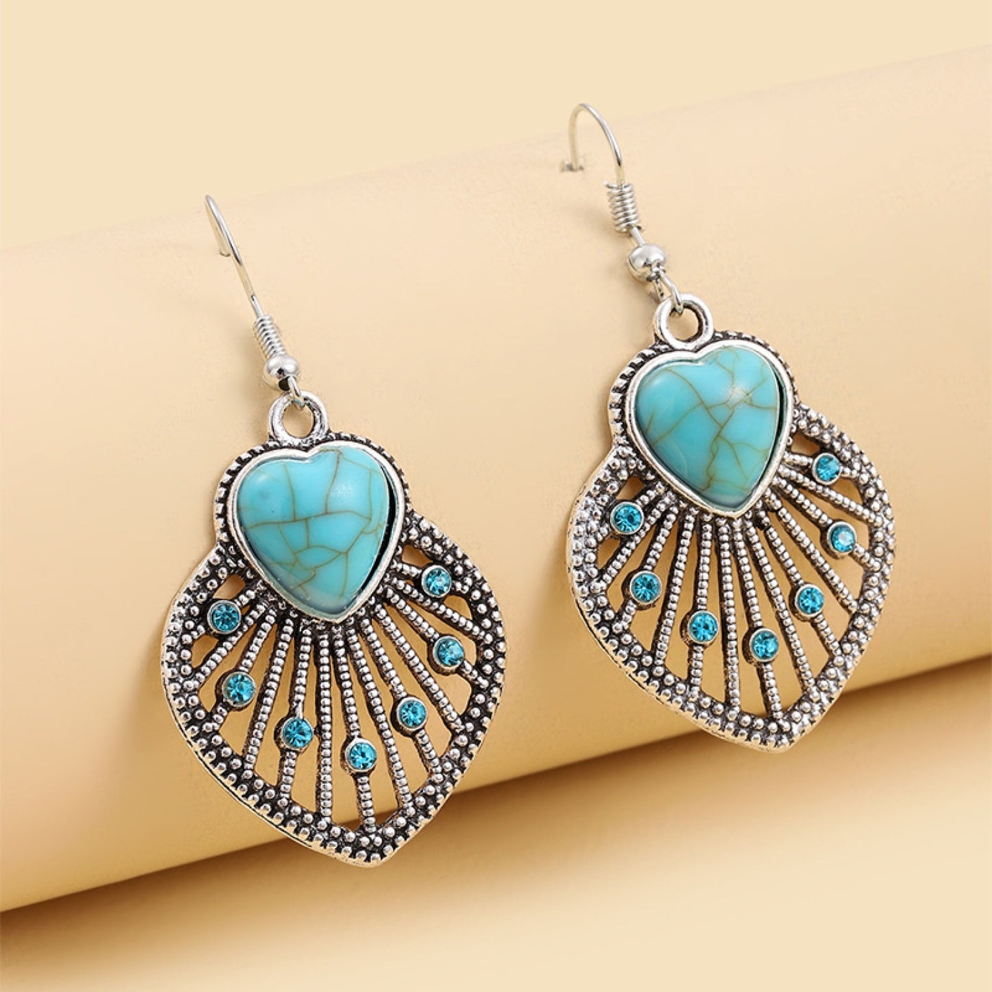 honeybee Mumford's Turquoise Rhinestone Heart and Leaf Shape Earrings