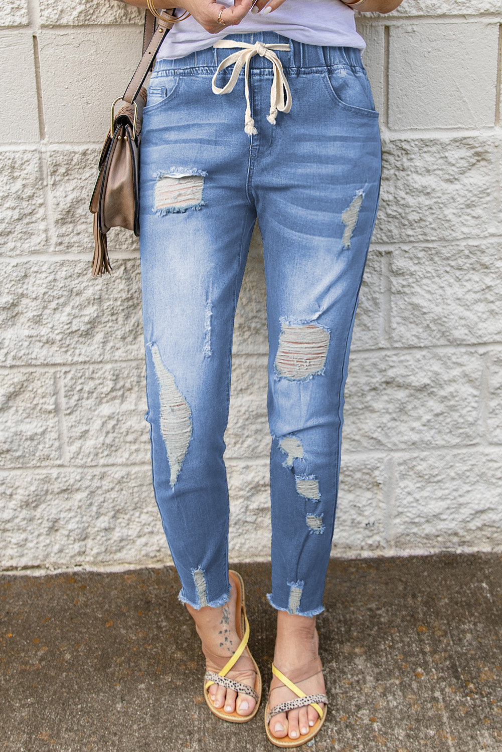 Honeybee Mumford's Drawstring Distressed Raw Hem Jeans with Pockets