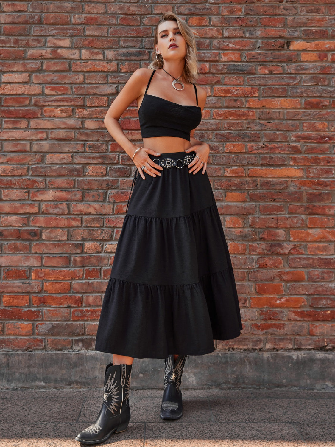 Honeybee Mumford's Elastic Waist Tiered Midi Skirt