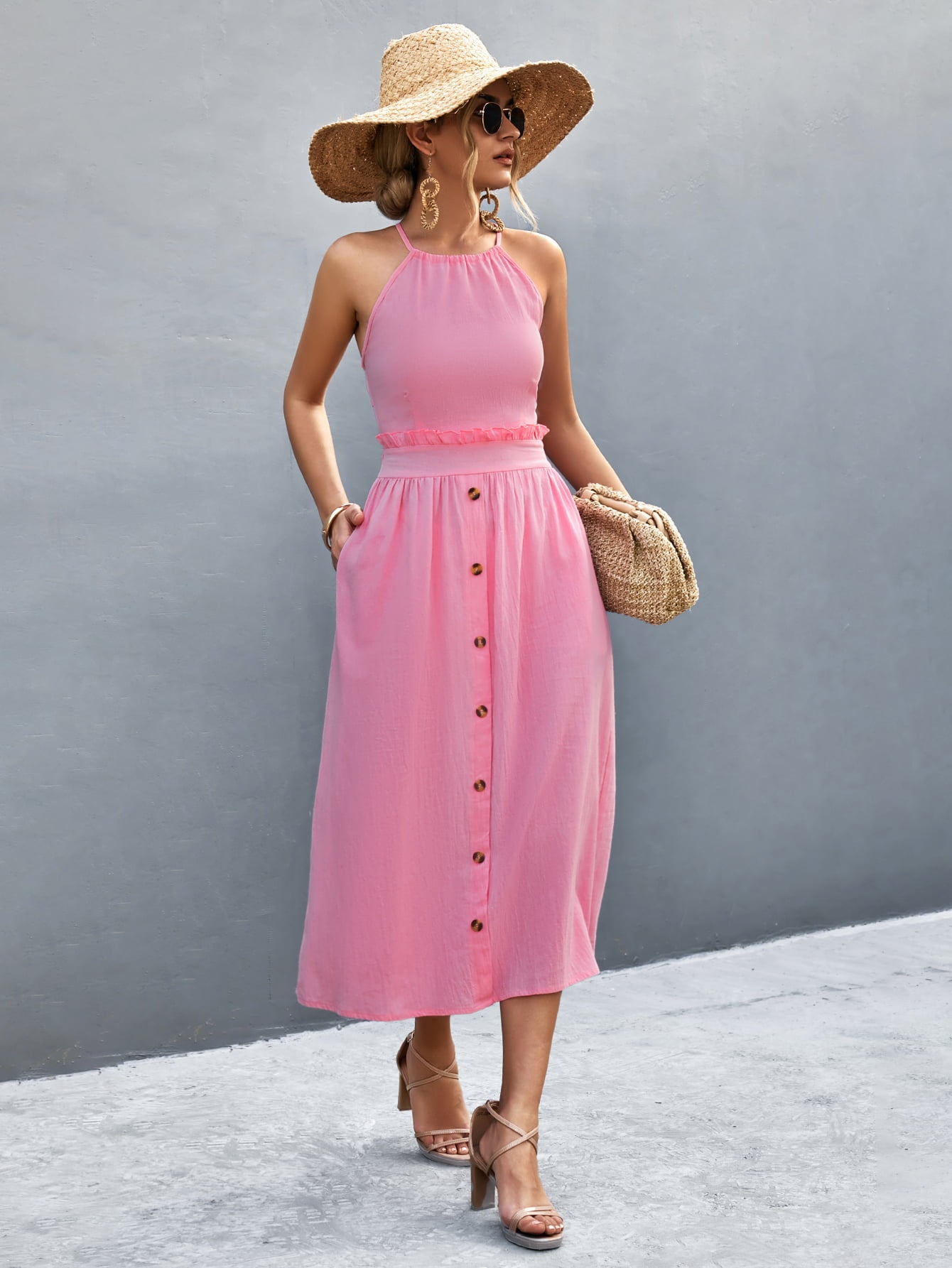 Honeybee Mumford's Buttoned Halter Neck Frill Trim Midi Dress