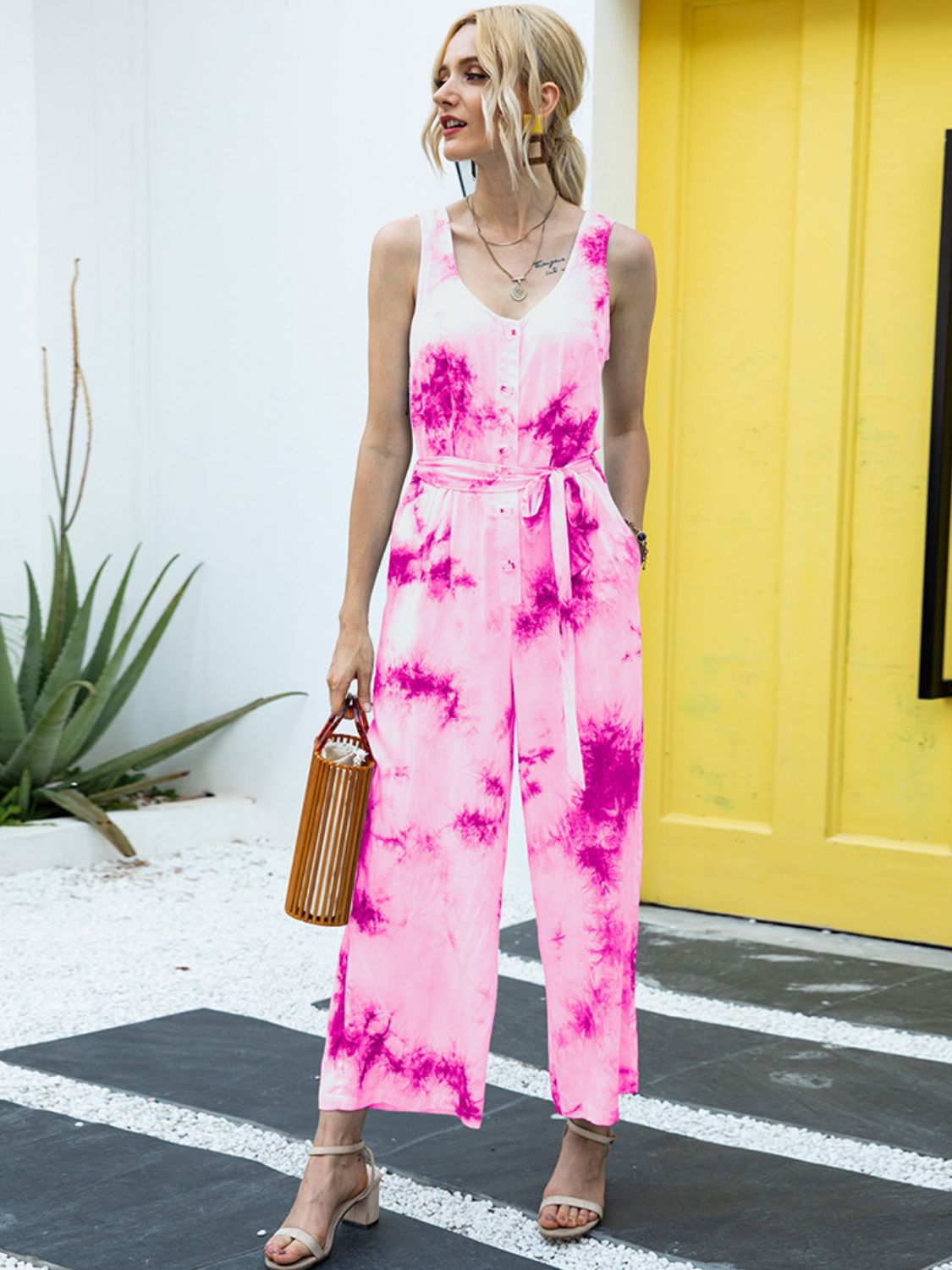 Honeybee Mumford's Tie-Dye Tie Waist Sleeveless Jumpsuit