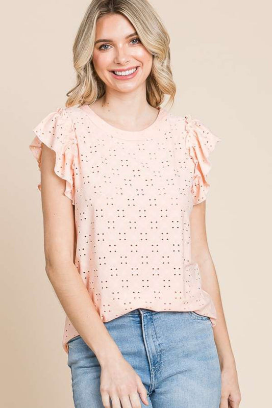 Honeybee Mumford's Culture Code Eyelet Round Neck Ruffled Cap Sleeve Top