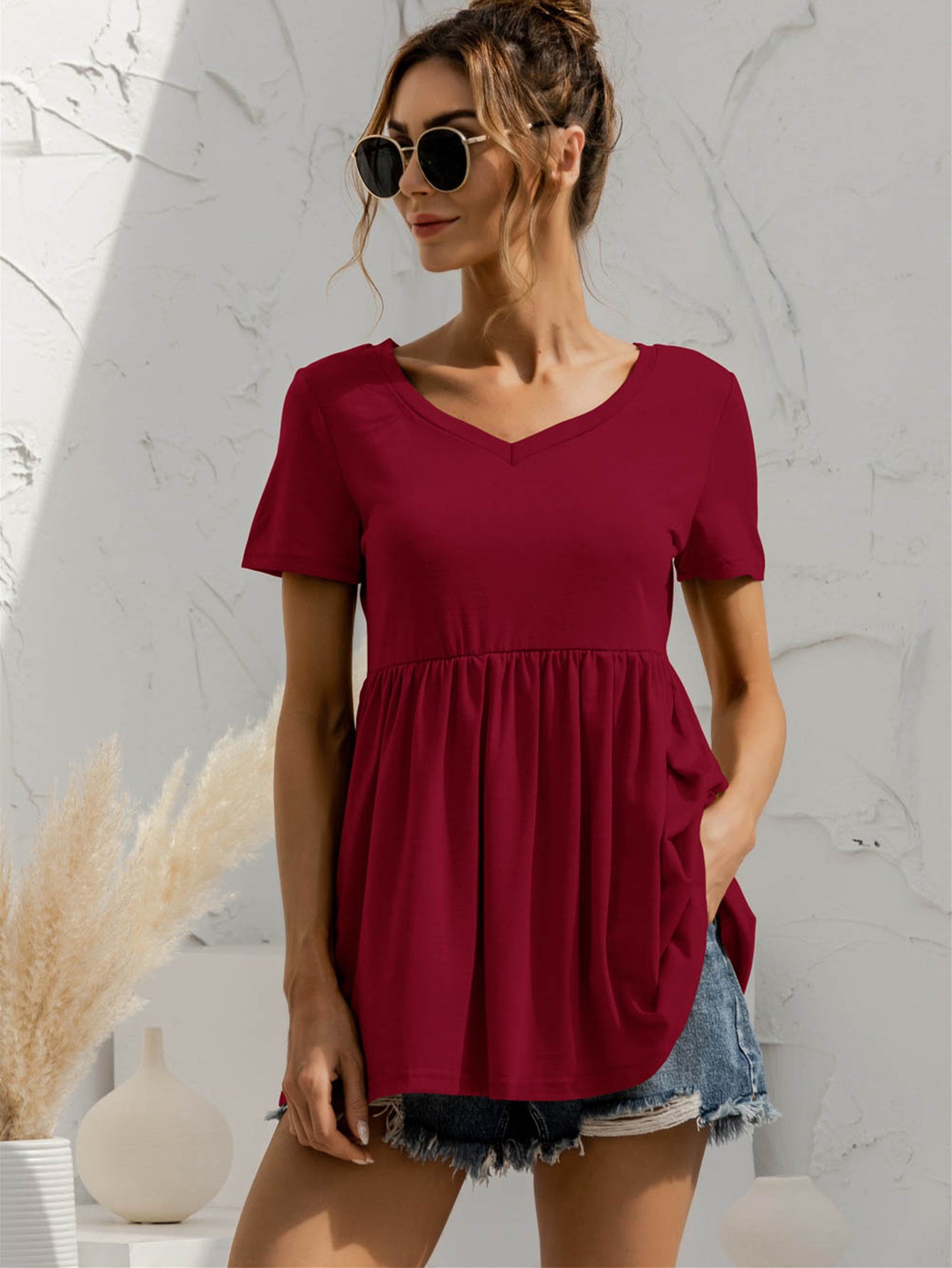 Honeybee Mumford's V-Neck Short Sleeve Babydoll Top