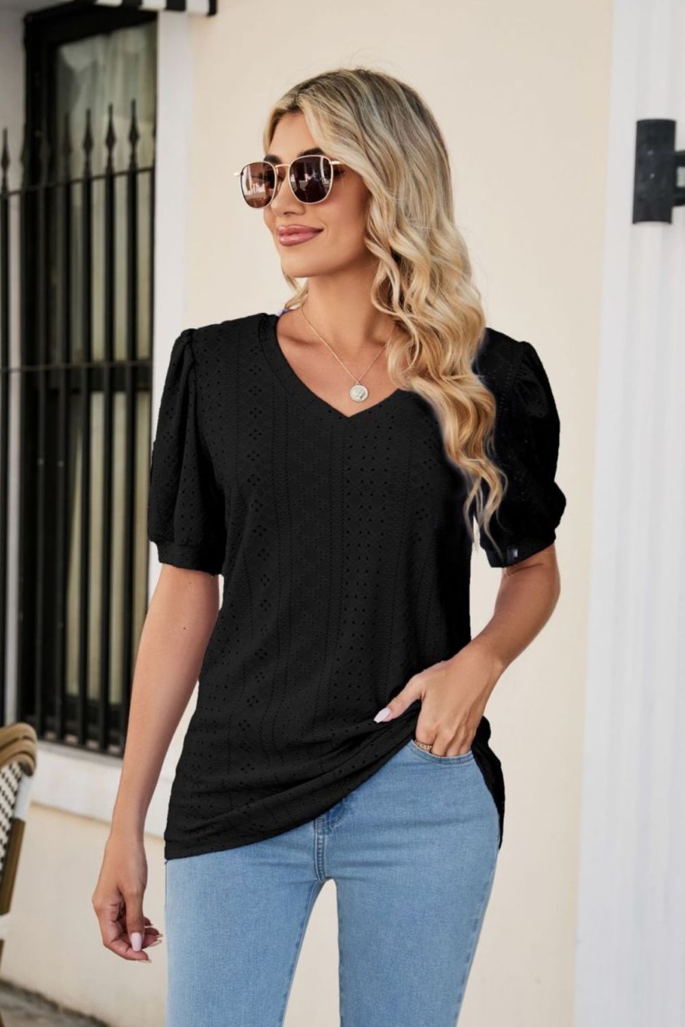 Honeybee Mumford's Eyelet Puff Sleeve V-Neck Top