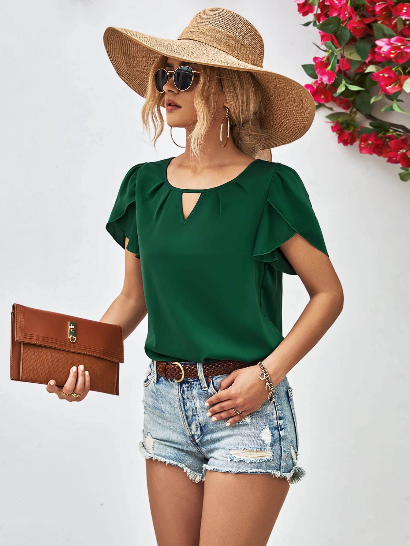 Honeybee Mumford's Cutout Round Neck Petal Sleeve Blouse