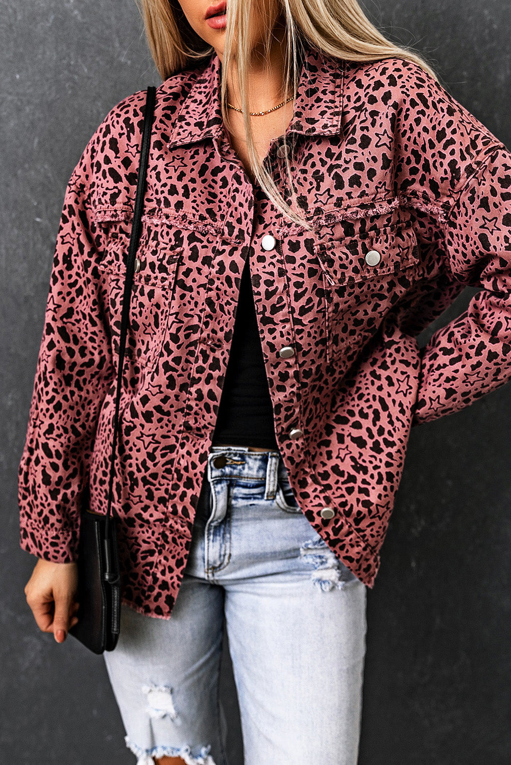 Honeybee Mumford's Leopard Raw Hem Button Up Denim Jacket