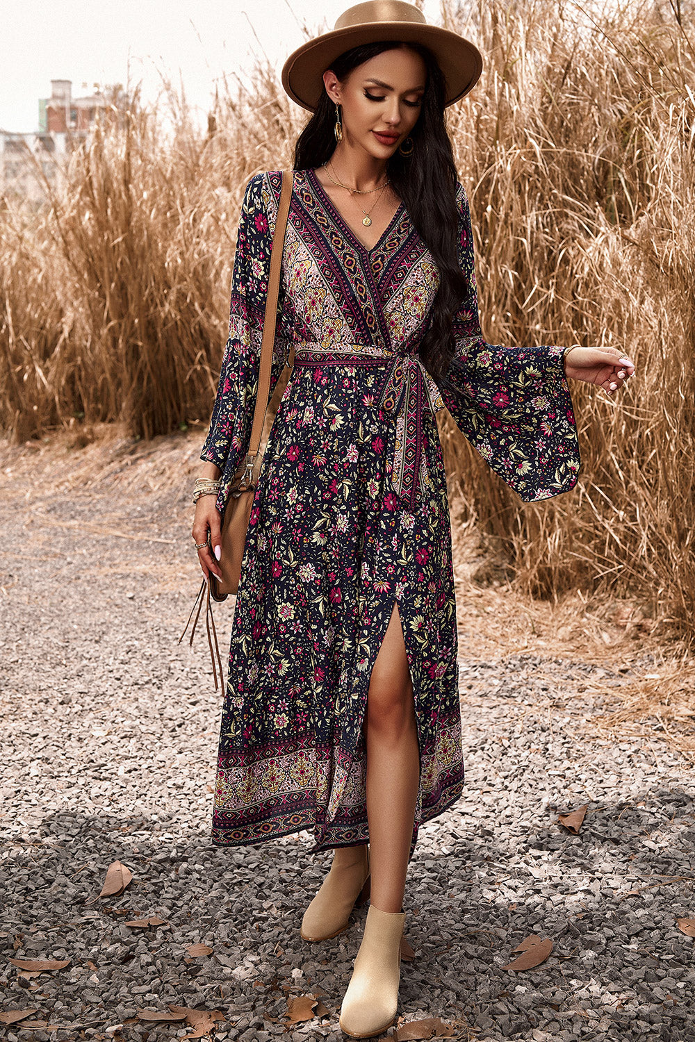 Honeybee Mumford's Casual Bohemian Surplice Neck Slit Dress