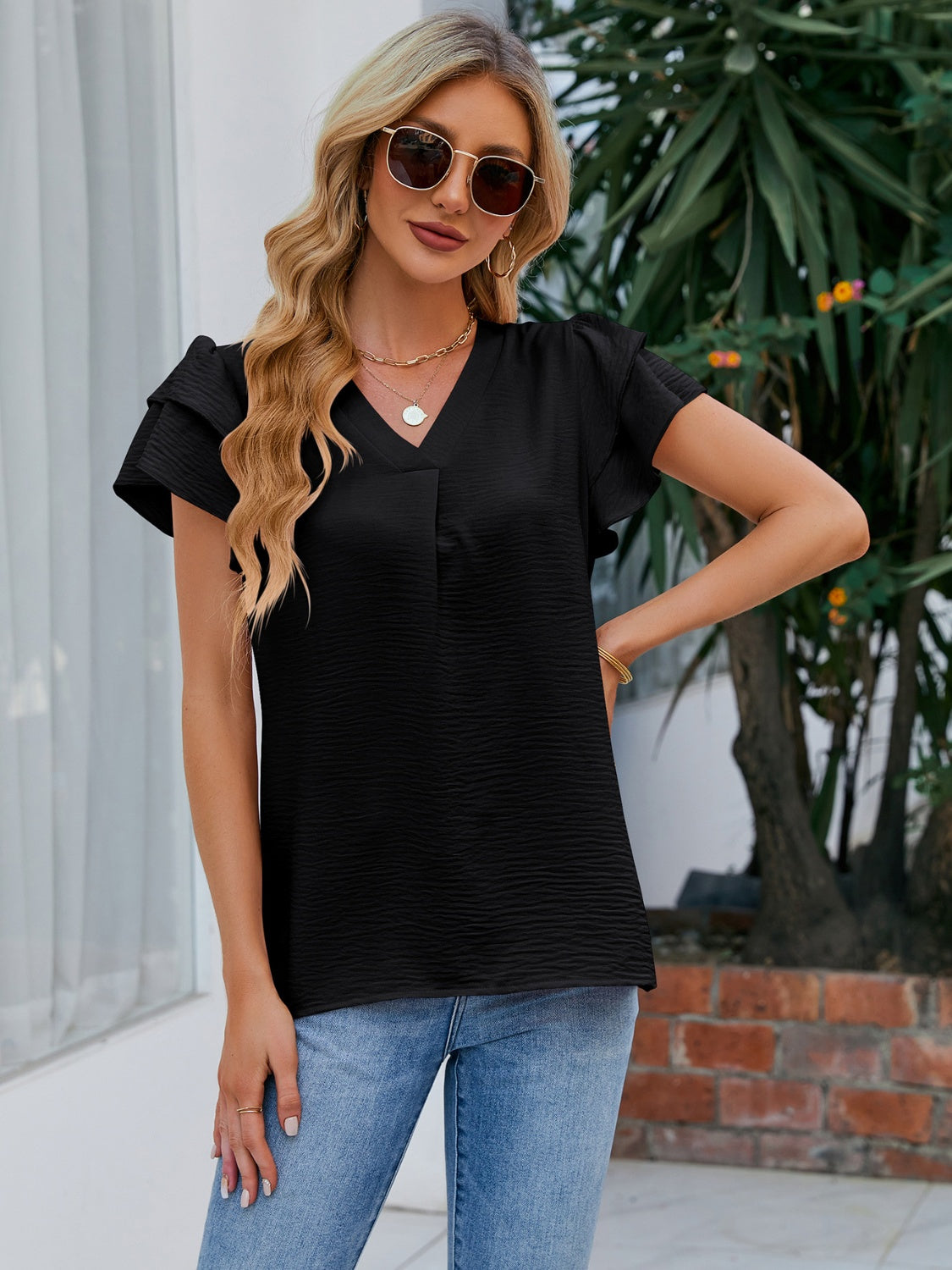 Honeybee Mumford's V-Neck Flounce Sleeve Blouse