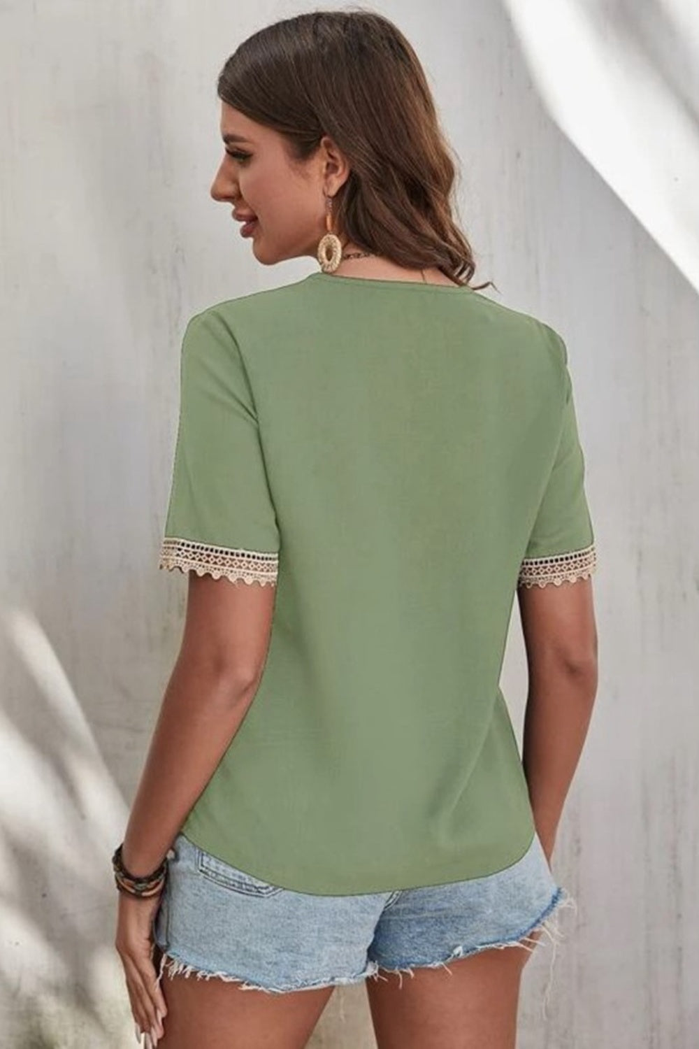 Honeybee Mumford's Lace Detail V-Neck Short Sleeve Blouse