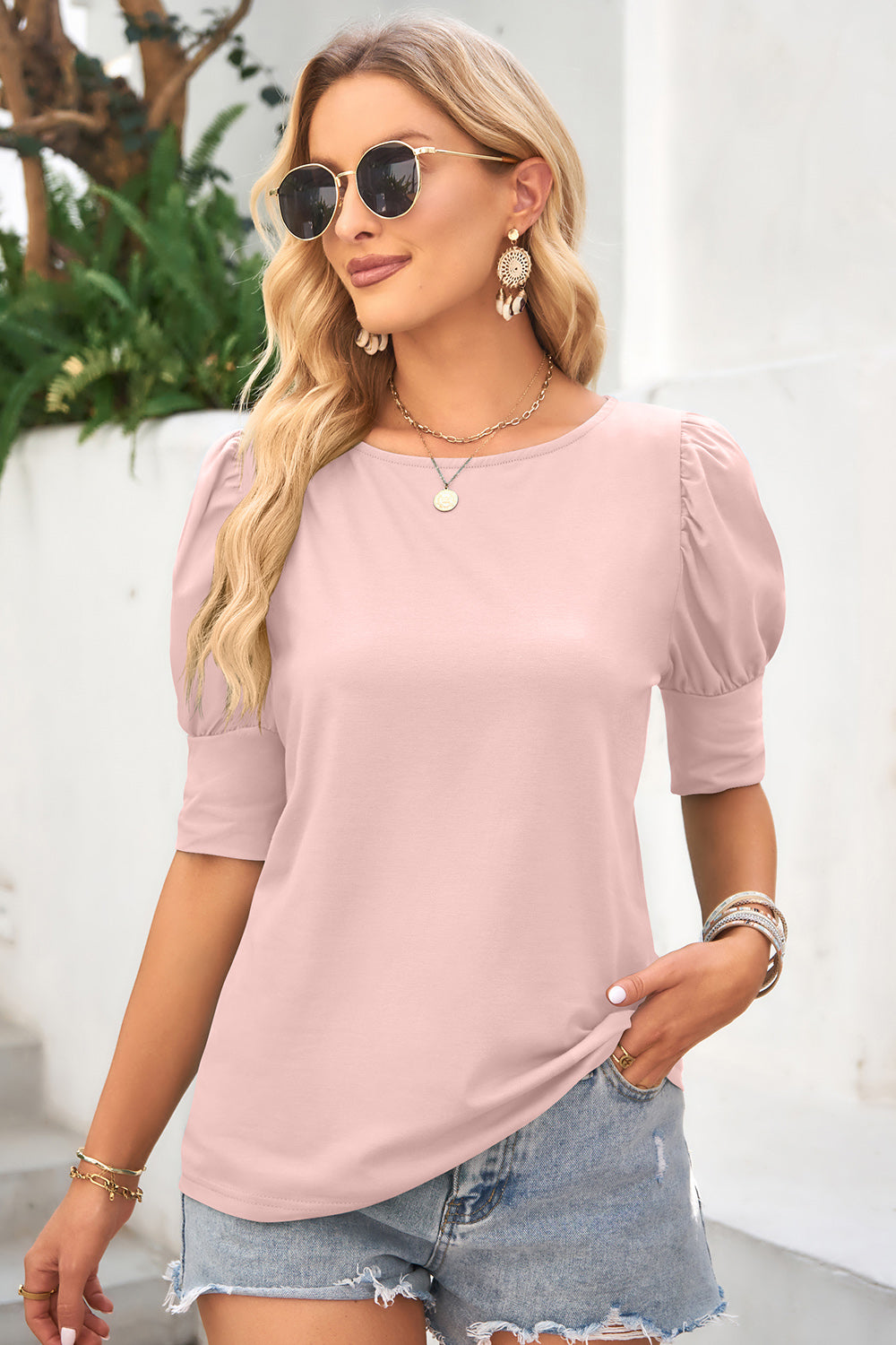 Honeybee Mumford's Round Neck Lantern Sleeve Blouse