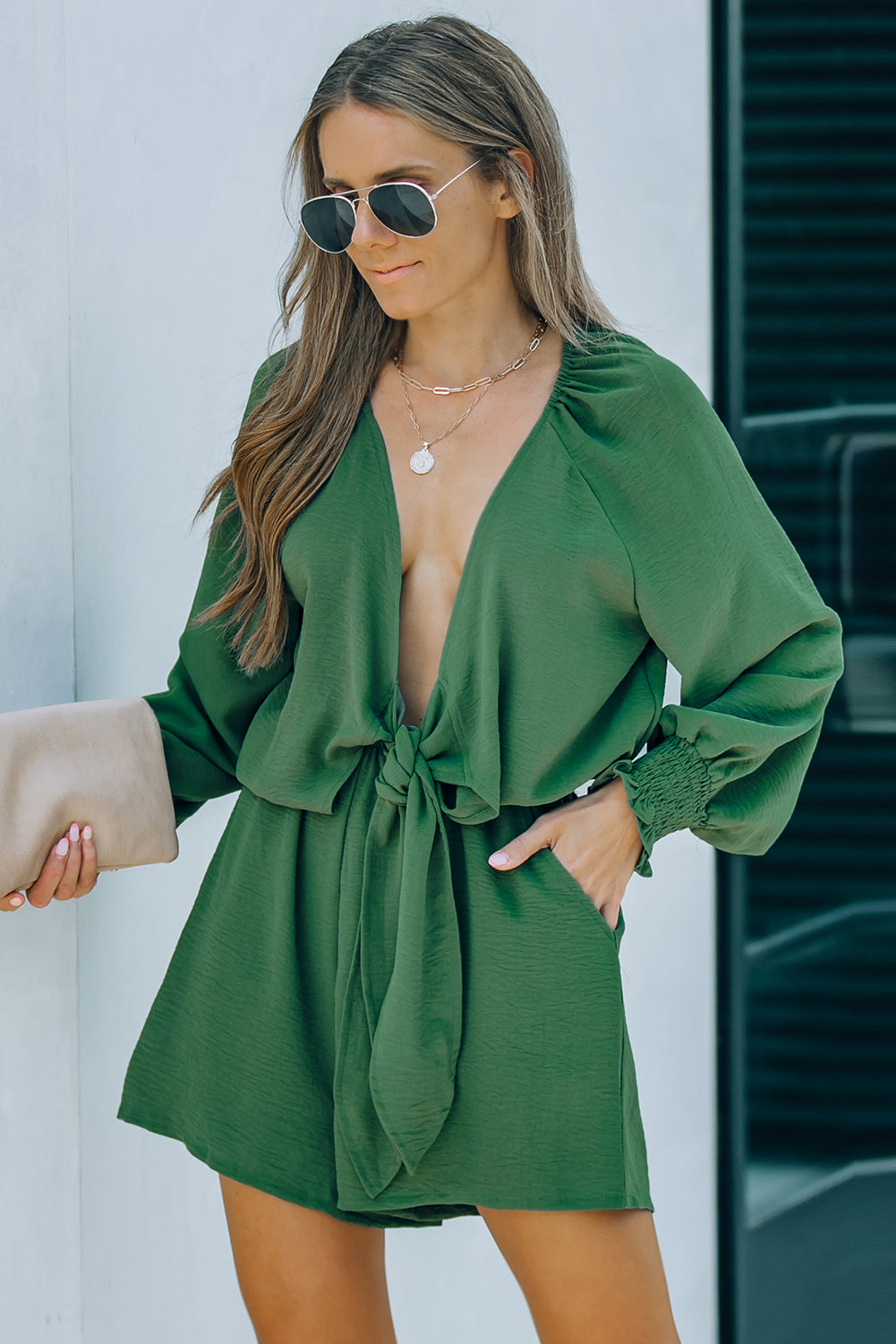 Honeybee Mumford's Green Tie Knot Puff Long Sleeve Romper