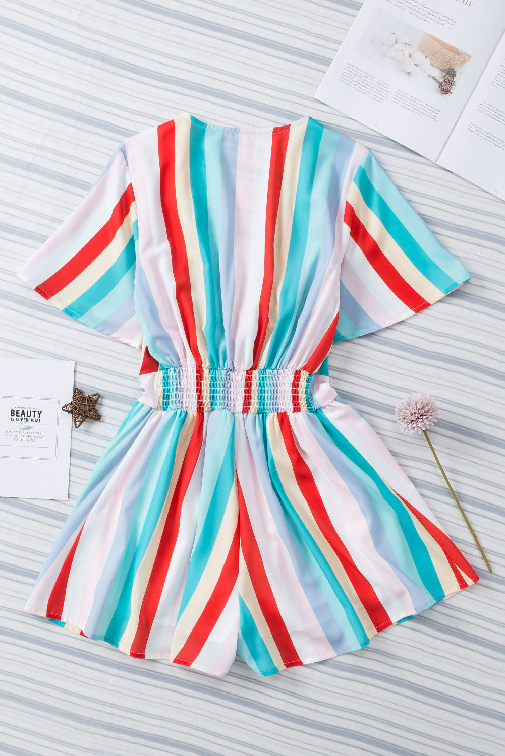 Honeybee Mumford's Multicolor Stripe Print Tie V Neck Flowy Romper