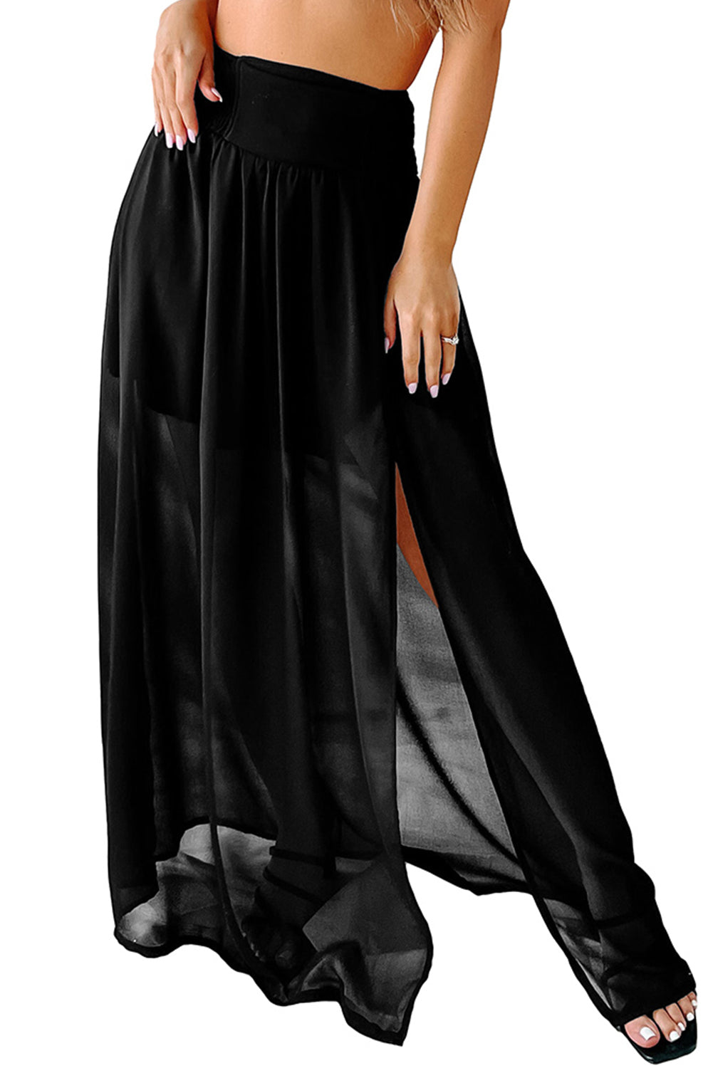 Honeybee Mumford's Black Shirred High Waist Chiffon Split Beach Maxi Skirt