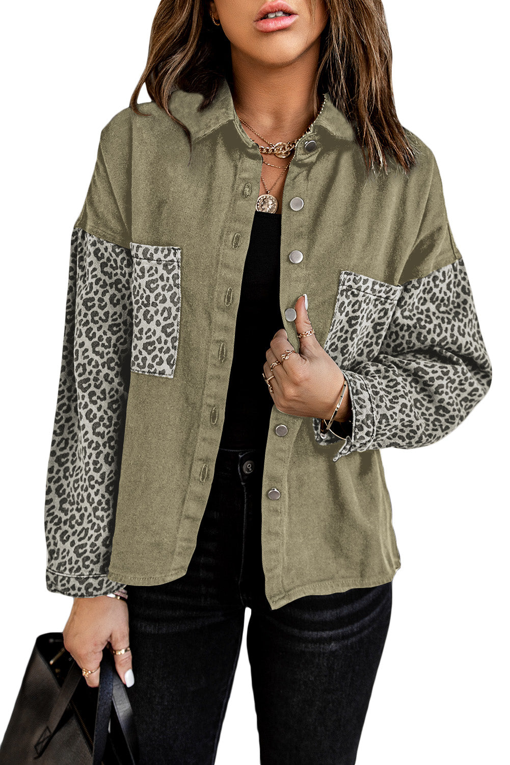 Honeybee Mumford's Contrast Leopard Denim Jacket