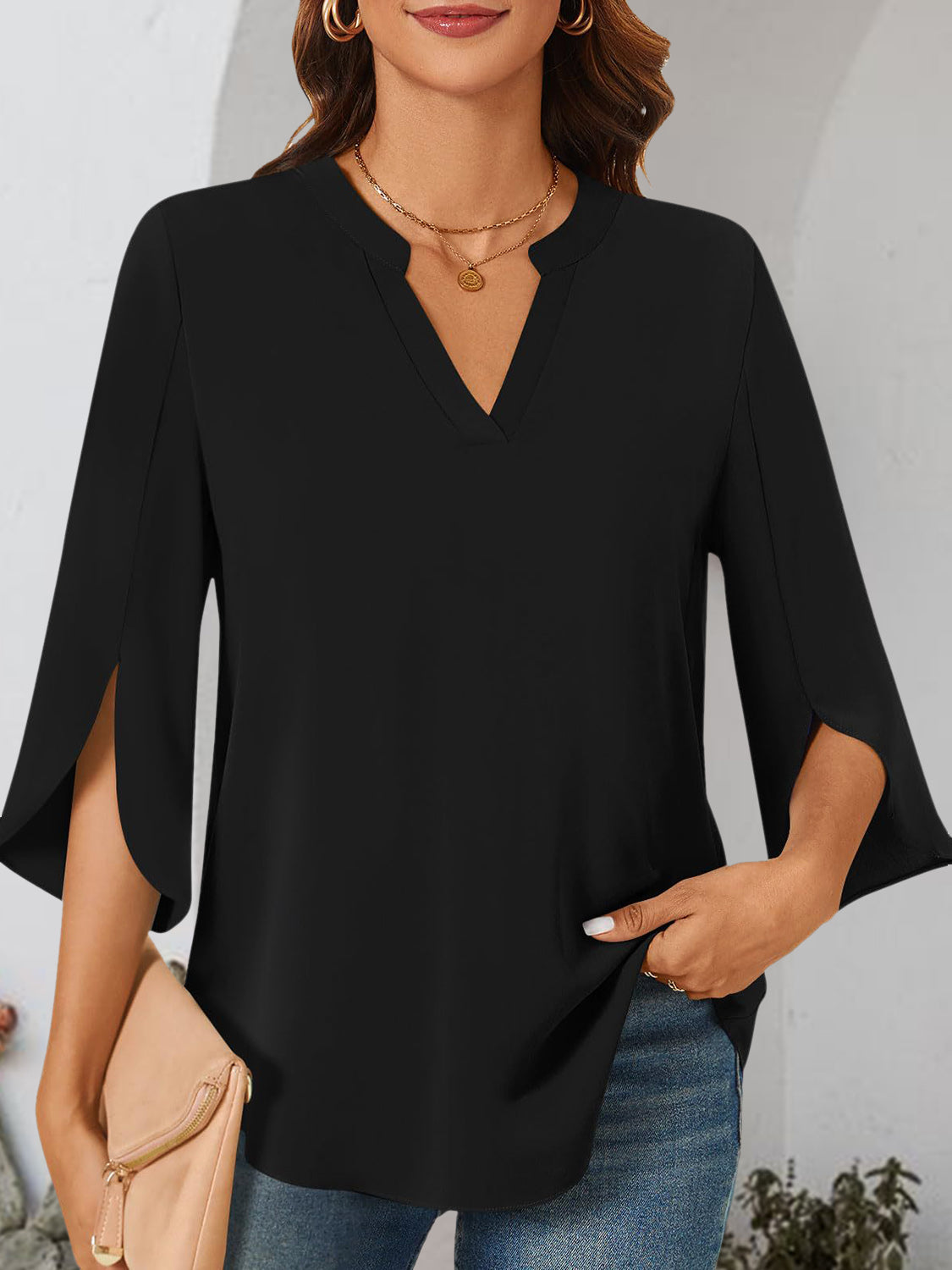 Honeybee Mumford's Notched Slit Half Sleeve Blouse