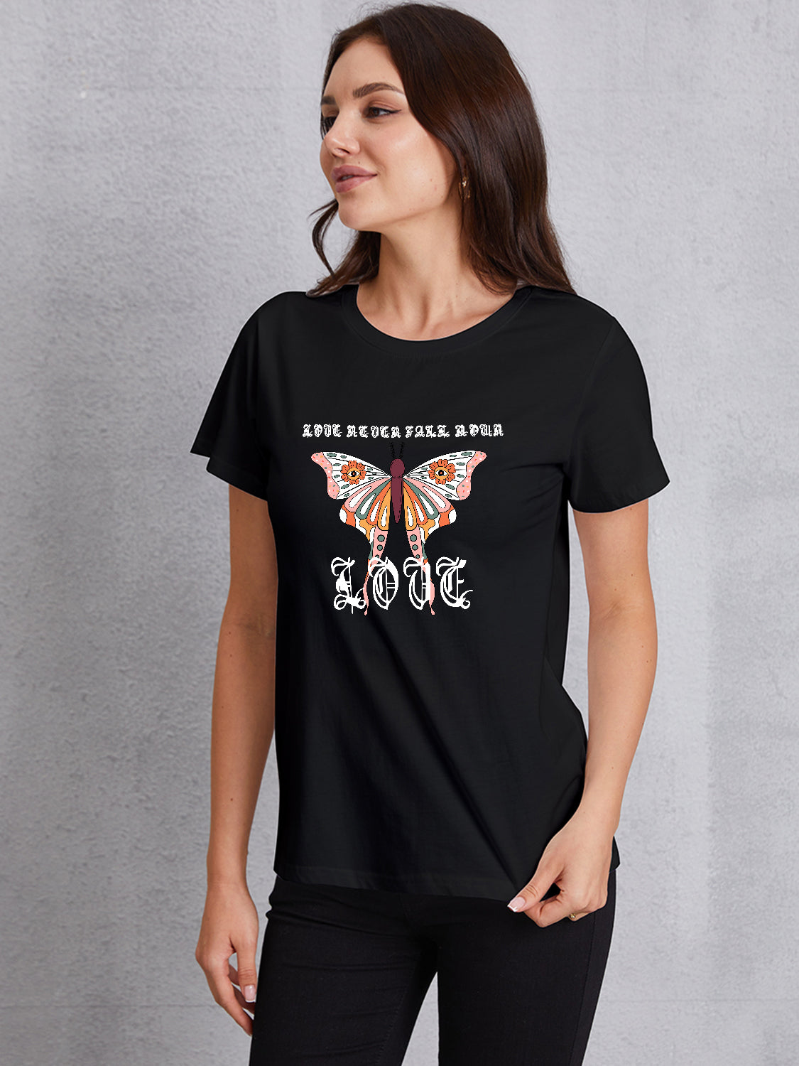 honeybee Mumford's Graphic Butterfly Short Sleeve T-Shirt w/ Round Neck in Dark Gray , Black , White