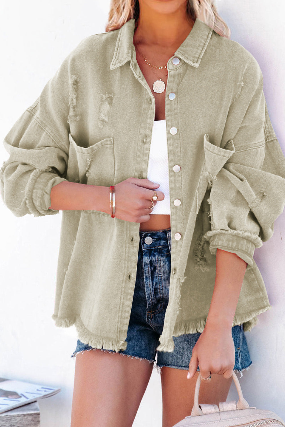 Honeybee Mumford's Green Distressed Fringe Trim Denim Jacket