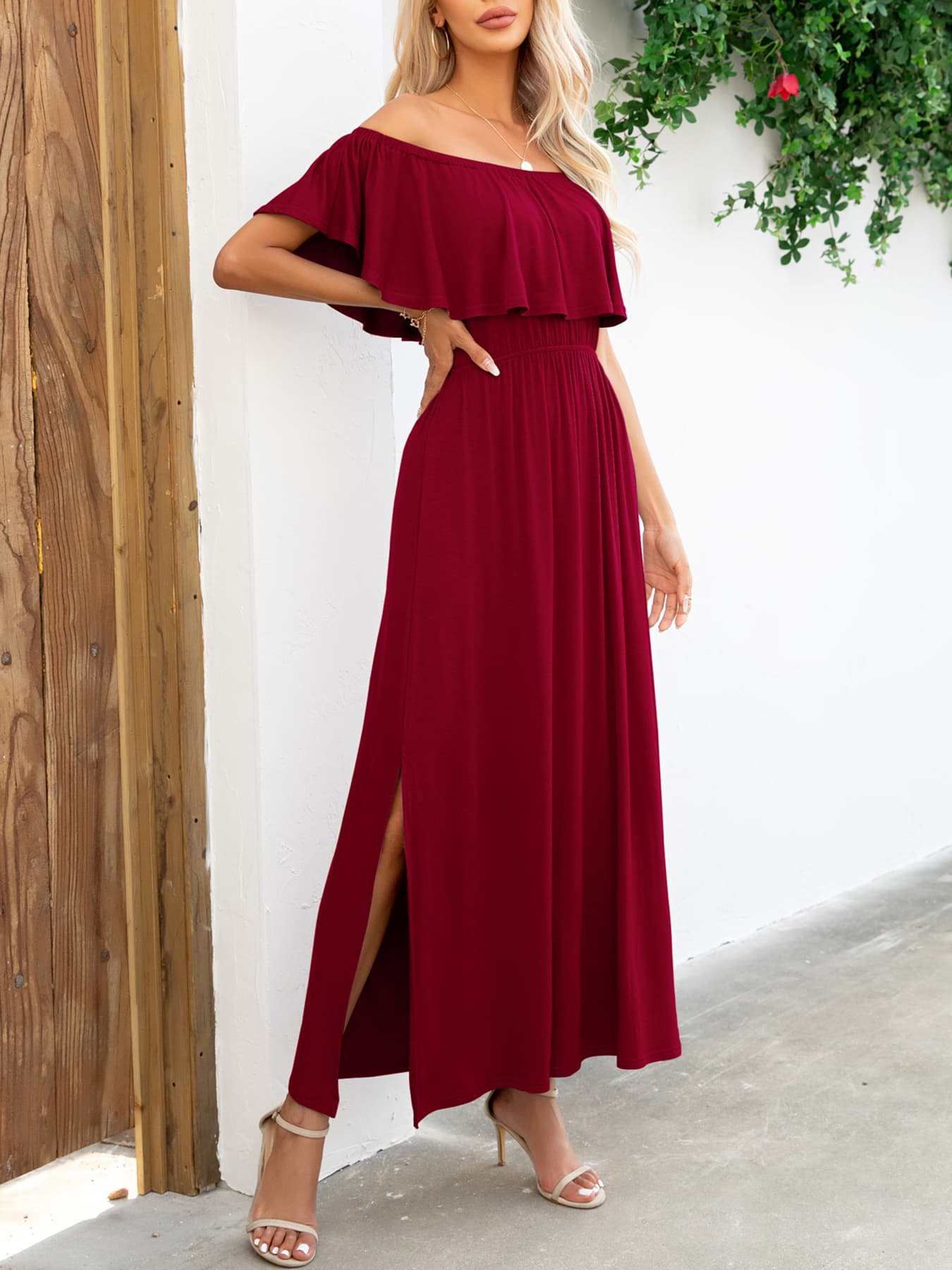 Honeybee Mumford's Off-Shoulder Slit Maxi Dress