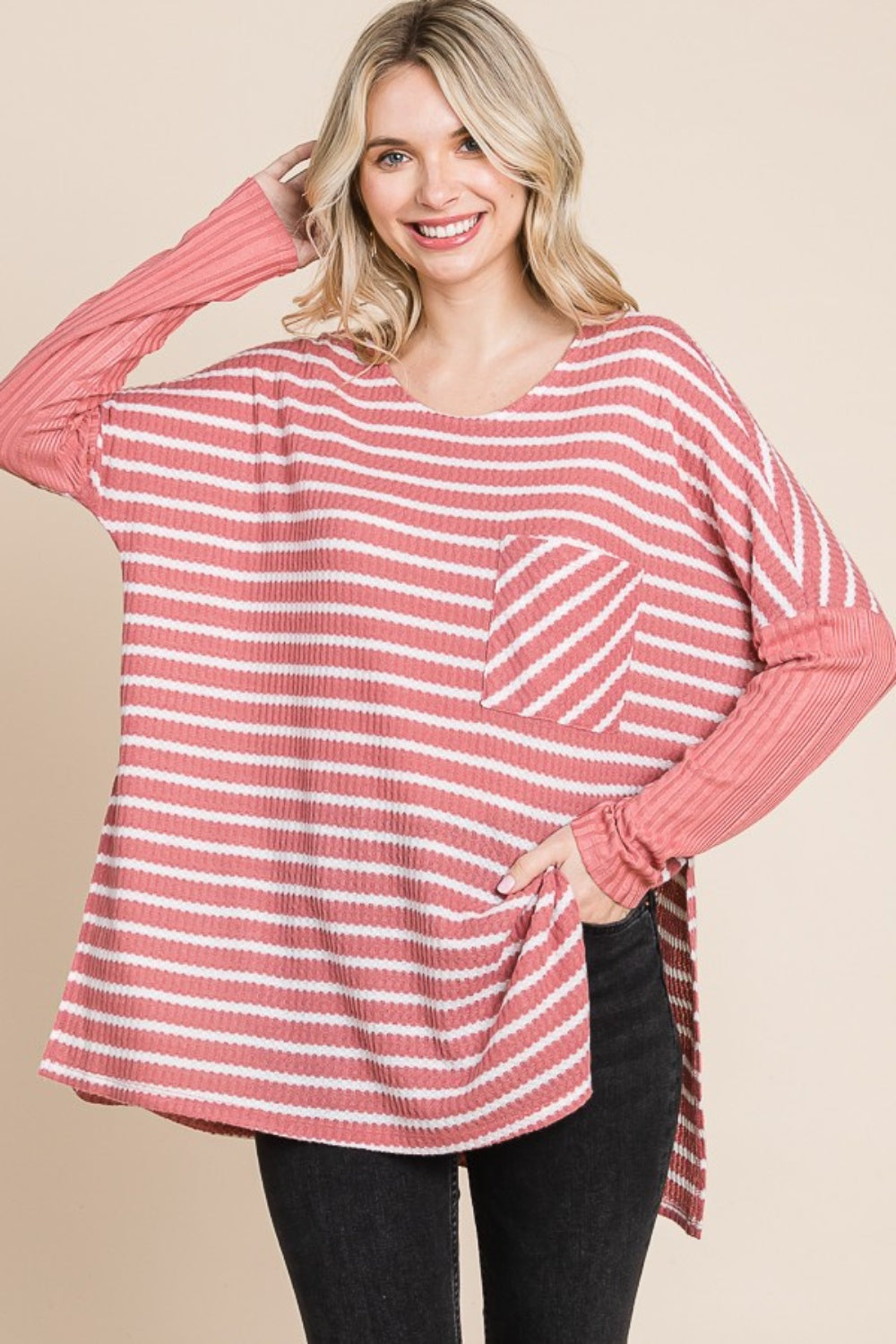 Honeybee Mumford's Culture Code Oversize Striped Round Neck Long Sleeve Slit T-Shirt