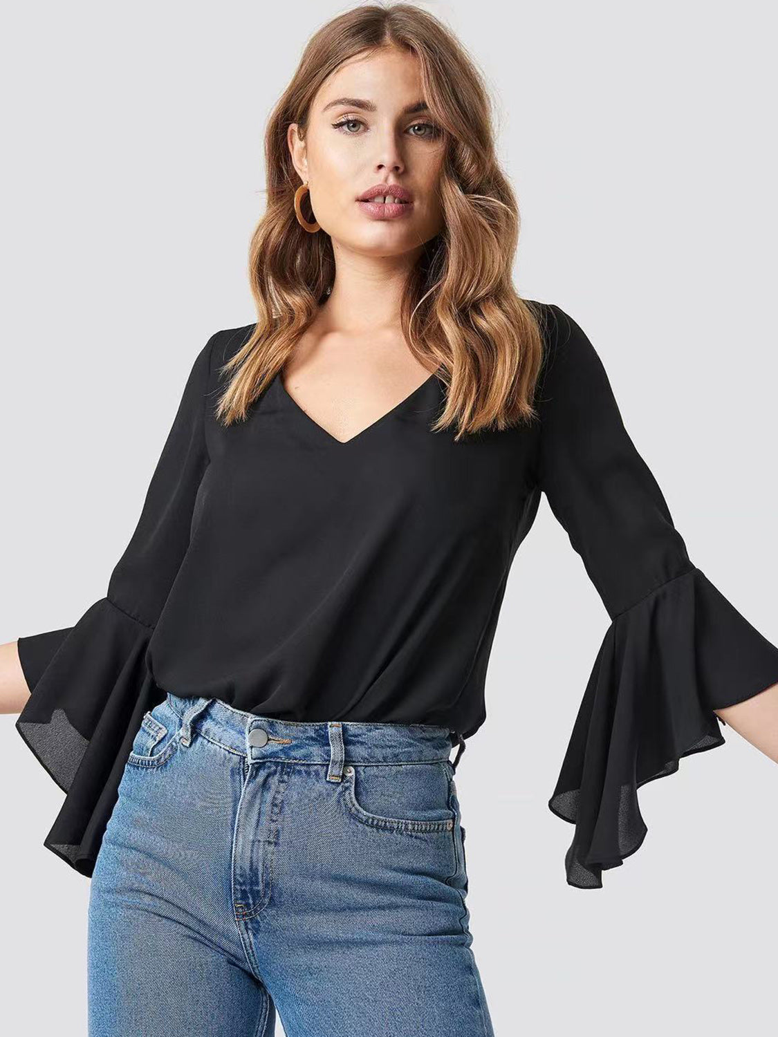 Honeybee Mumford's V-Neck Flounce Sleeve Blouse