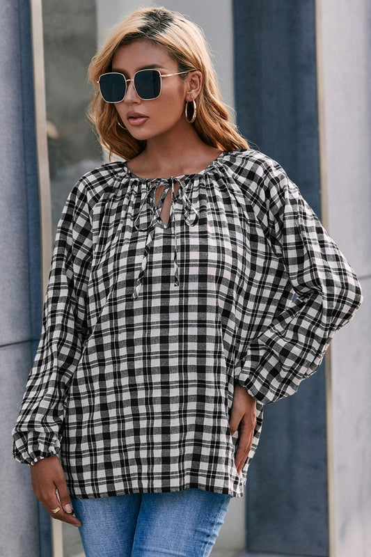 Honeybee Mumford's Plaid Tie Neck Balloon Sleeve Blouse