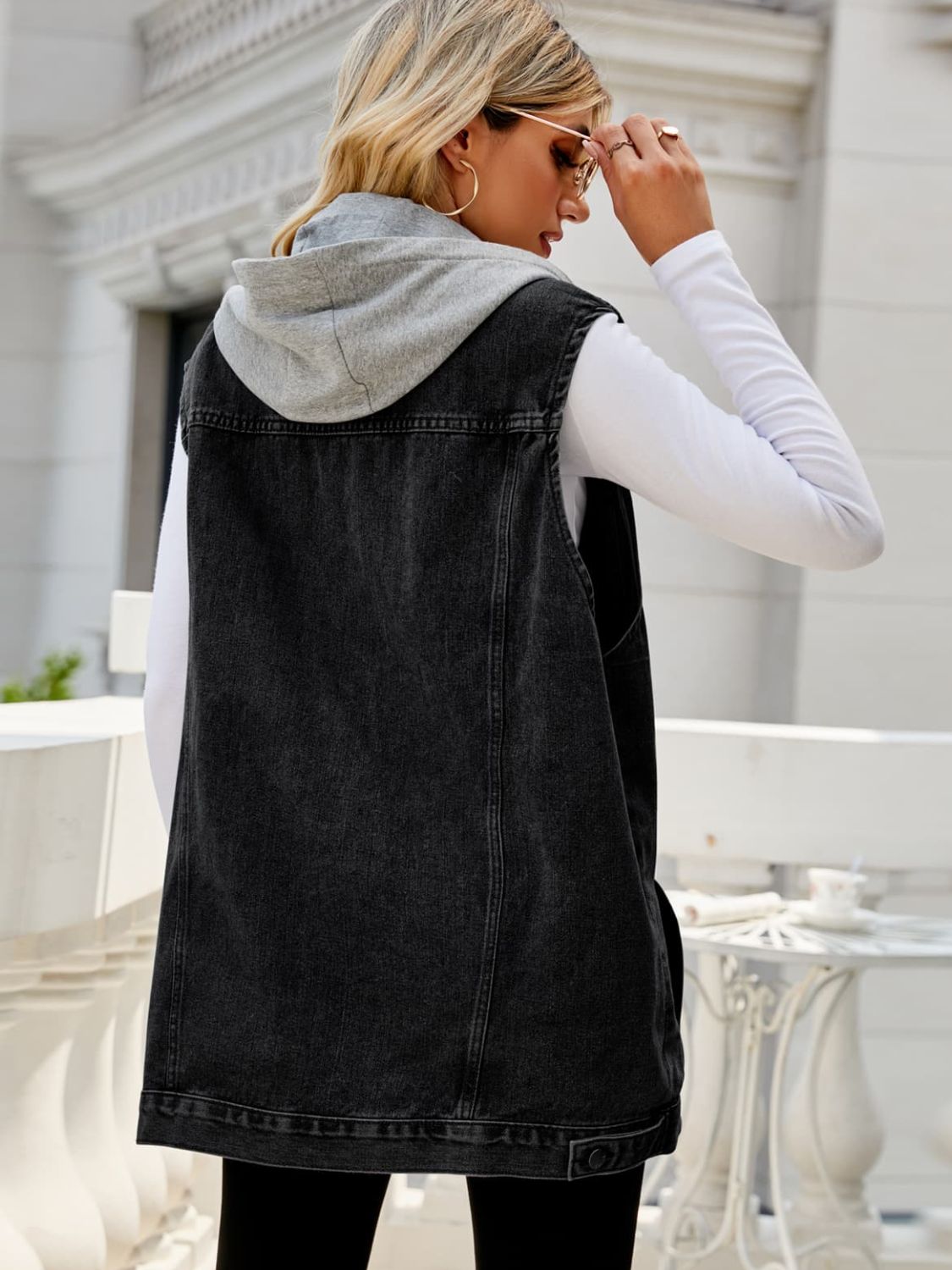 Honeybee Mumford's Drawstring Hooded Sleeveless Denim Top with Pockets