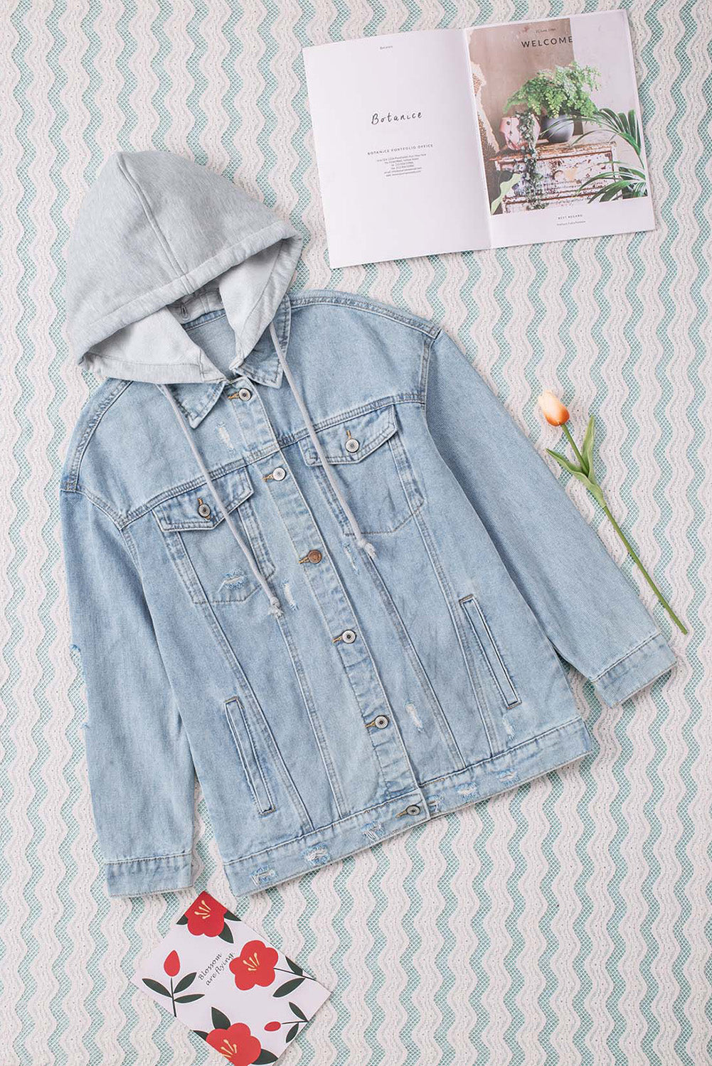 Honeybee Mumford's Sky Blue Button Closure Ripped Hooded Denim Jacket