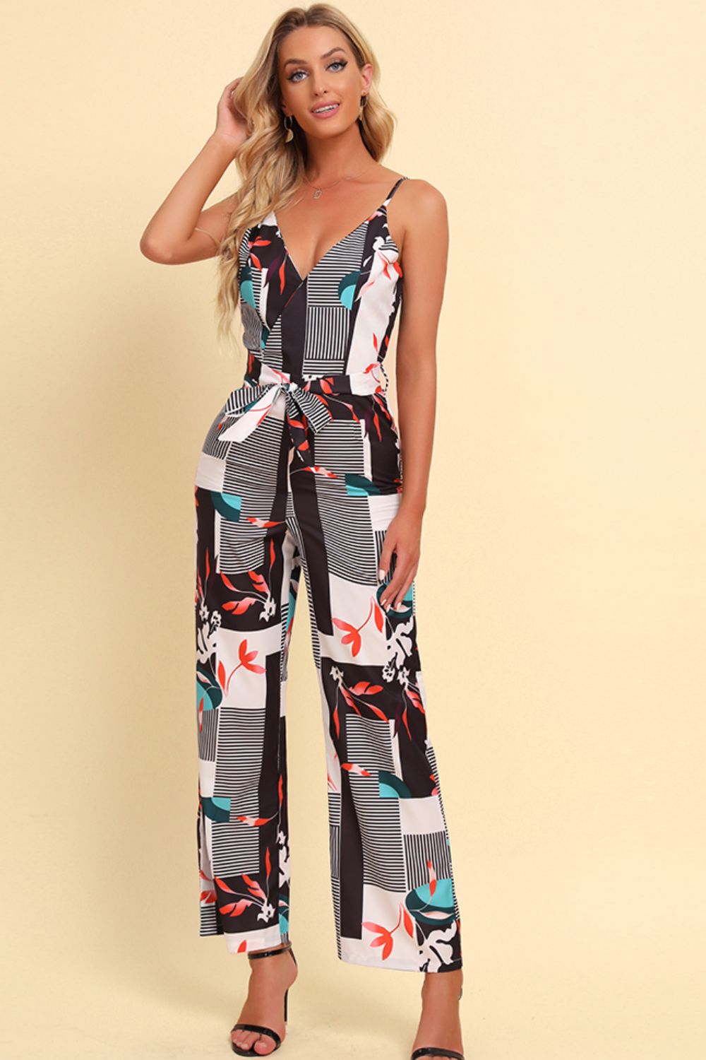 Honeybee Mumford's Printed Spaghetti Strap Tied Jumpsuit