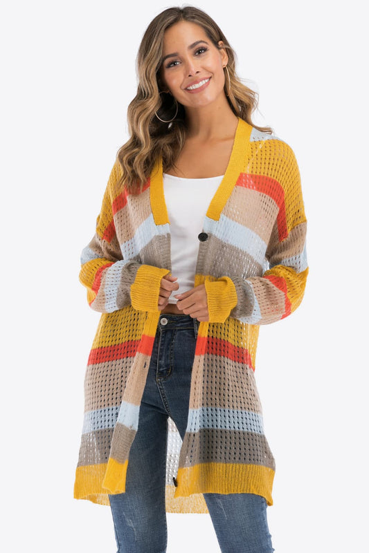 Honeybee Mumford's Color Block Openwork Long Sleeve Cardigan