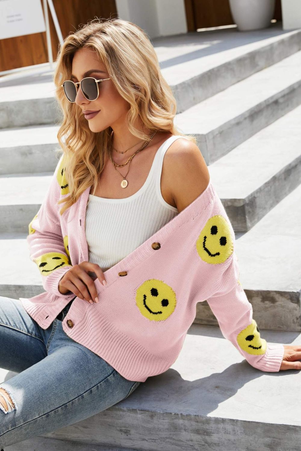 Honeybee Mumford's Smiley Face Ribbed Trim V-Neck Cardigan