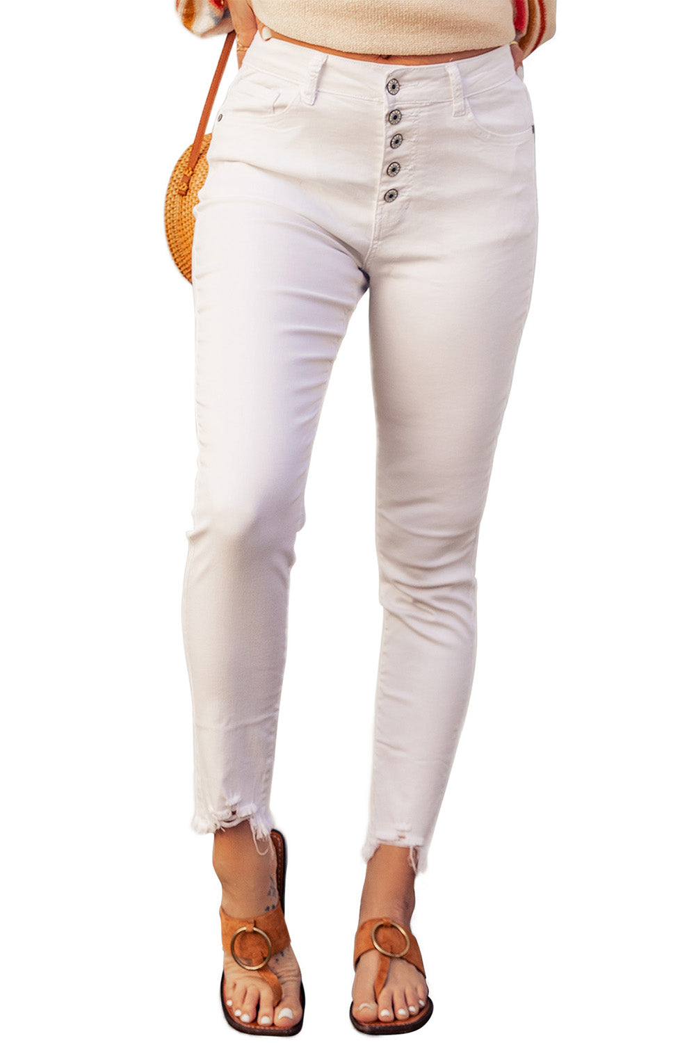 Honeybee Mumford's White Plain High Waist Buttons Frayed Cropped Denim Jeans