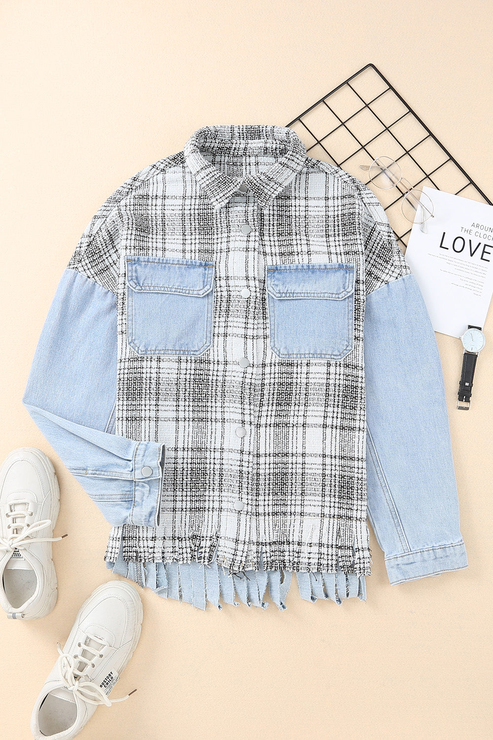 Honeybee Mumford's Sky Blue Plaid Patchwork Fringed Flap Pockets Denim Jacket