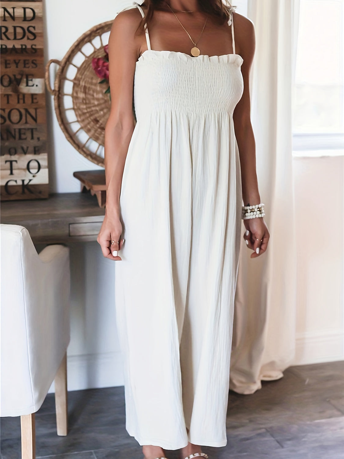 Honeybee Mumford's Full Size Smocked Spaghetti Strap Wide Leg Jumpsuit