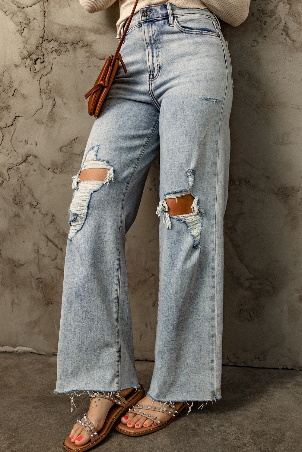 Honeybee Mumford's Sky Blue Distressed Frayed Hem Holed Straight Leg Loose Jeans