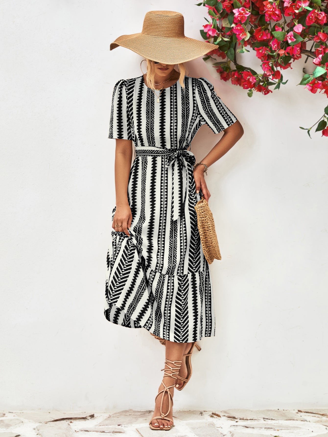 Honeybee Mumford's Striped Tie Belt Round Neck Puff Sleeve Dress