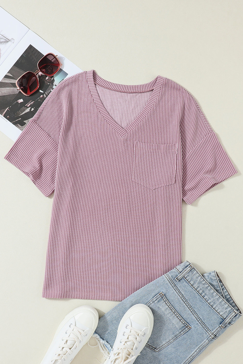 Honeybee Mumford's Purple Valerian Corded V Neck Chest Pocket Loose T-shirt