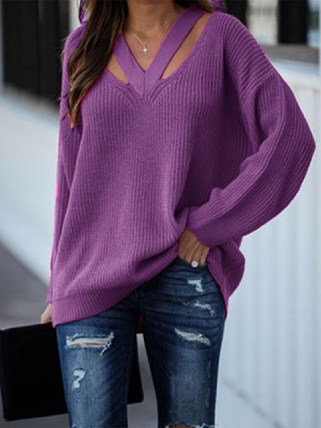 Honeybee Mumford's Full Size Cutout V-Neck Rib-Knit Sweater