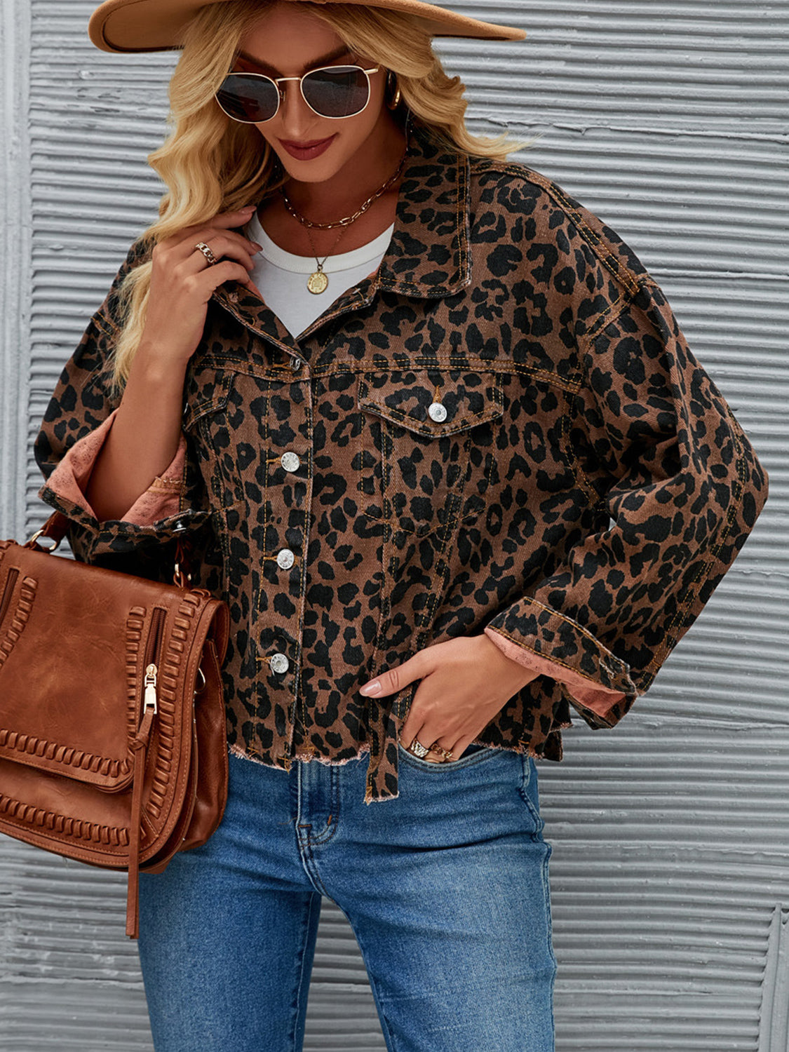 Honeybee Mumford's Leopard Button Up Dropped Shoulder Denim Jacket