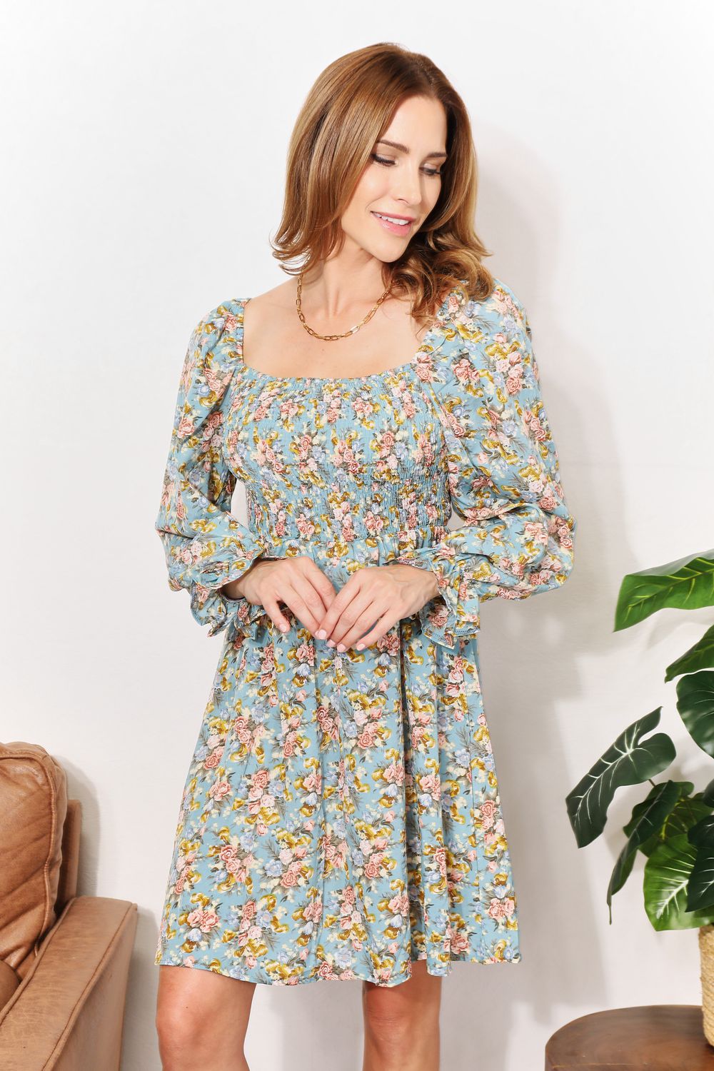 Honeybee Mumford's Floral Smocked Flounce Sleeve Square Neck Dress