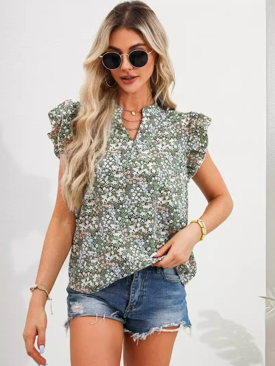 Honeybee Mumford's Ruffled Floral Notched Cap Sleeve Blouse