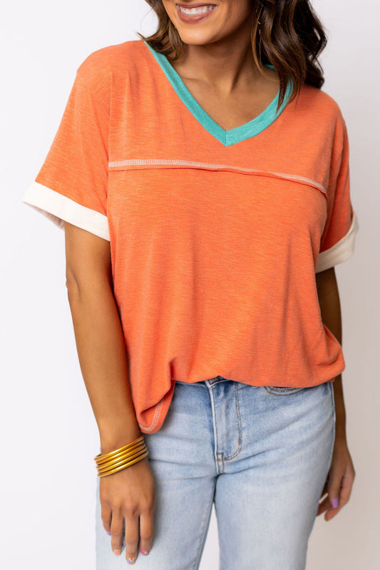 Honeybee Mumford's Grapefruit Orange Contrast Trim Exposed Seam V Neck T-shirt