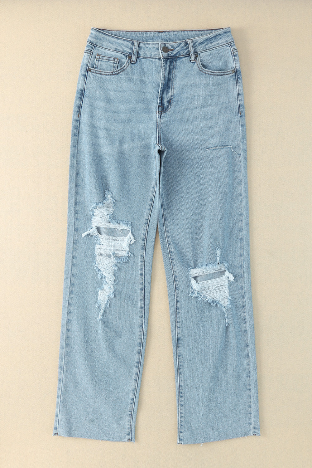 Honeybee Mumford's Sky Blue Distressed Frayed Hem Holed Straight Leg Loose Jeans