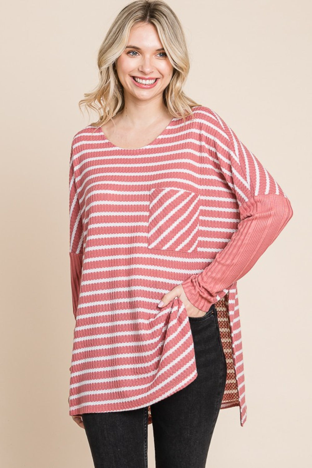 Honeybee Mumford's Culture Code Oversize Striped Round Neck Long Sleeve Slit T-Shirt