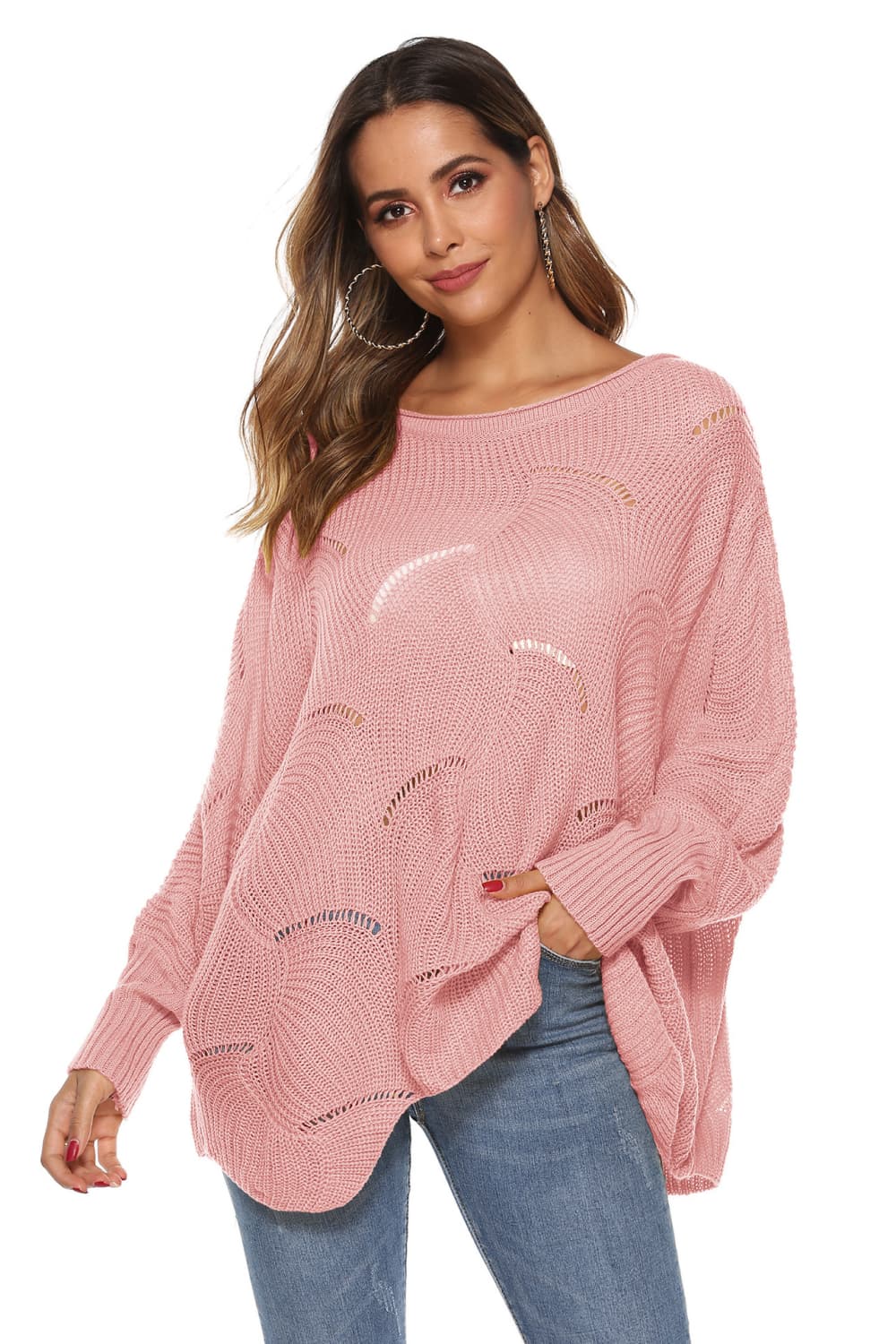 Honeybee Mumford's Round Neck Long Sleeve Openwork Sweater