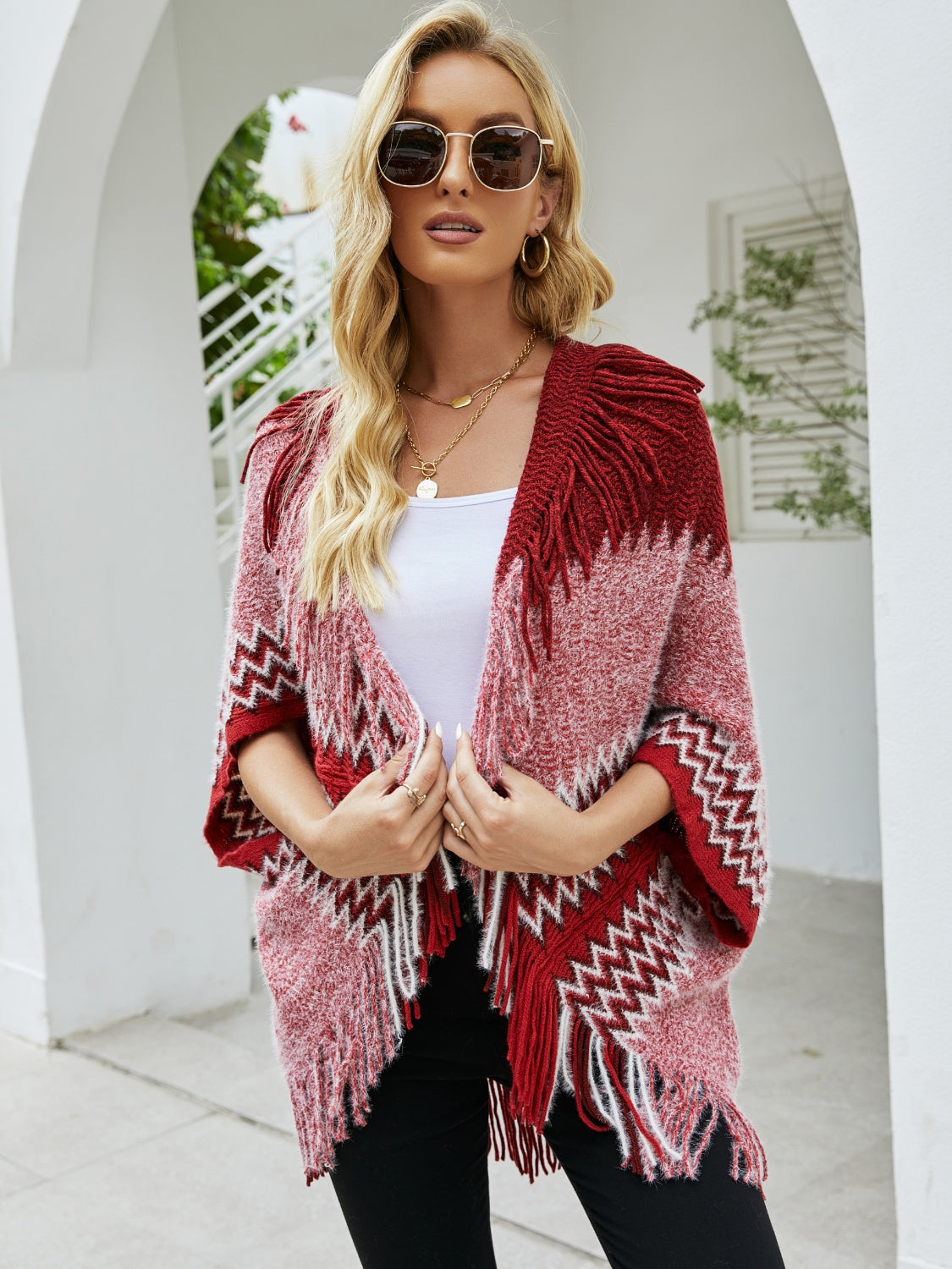 Honeybee Mumford's Geometric Fringe Open Front Cardigan