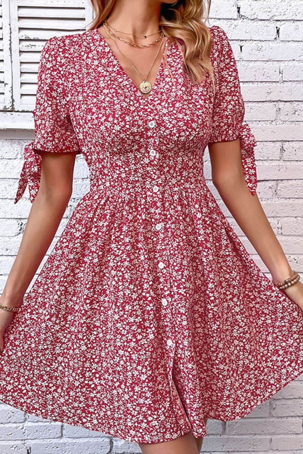 Honeybee Mumford's Floral Tied Puff Sleeve Button Front Dress