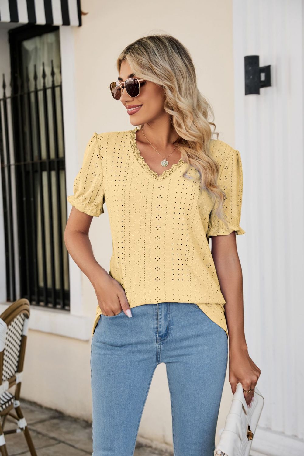 Honeybee Mumford's Eyelet Flounce Sleeve Scalloped V-Neck Top