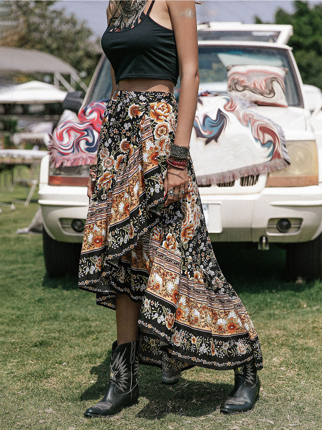 Honeybee Mumford's Printed High-Low Ruffle Hem Skirt