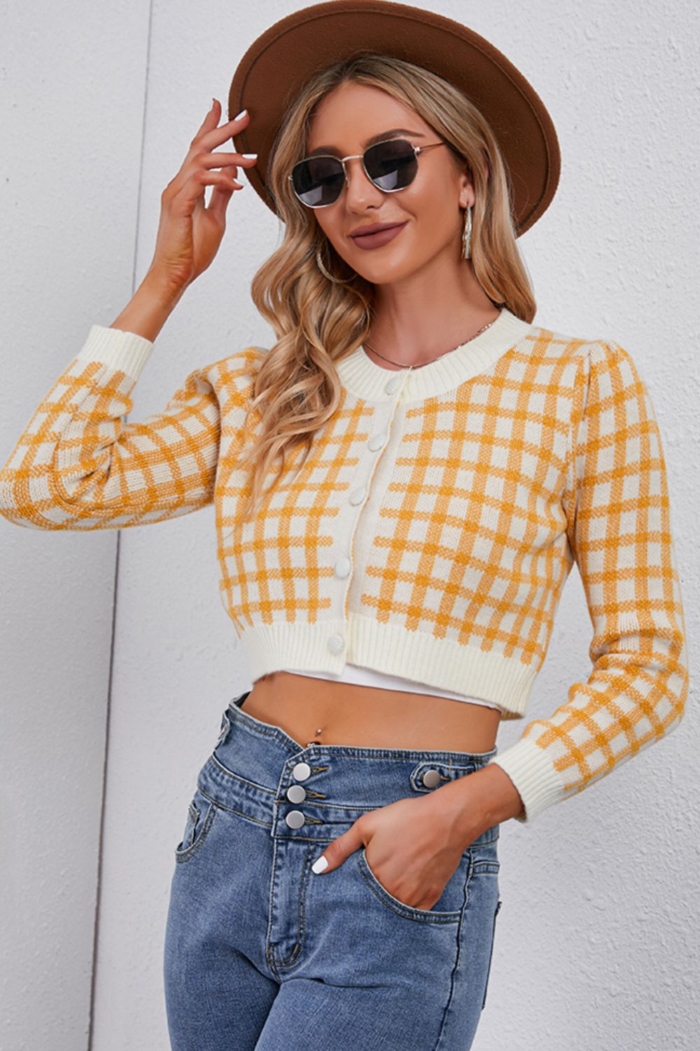 Honeybee Mumford's Plaid Buttoned Cropped Cardigan