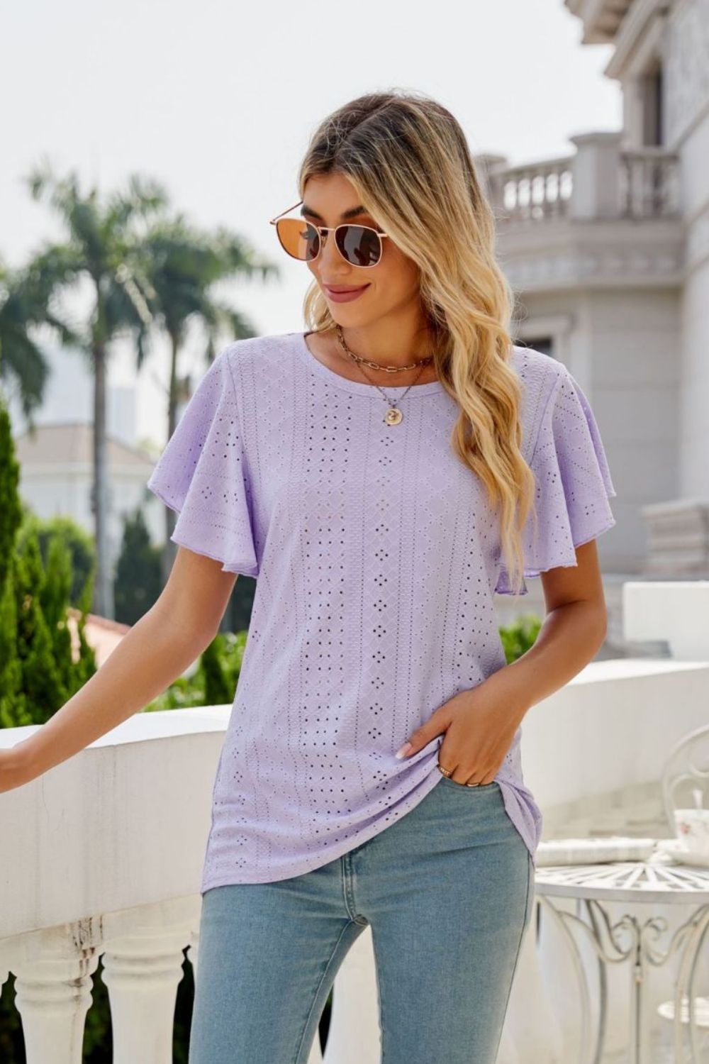 Honeybee Mumford's Eyelet Flutter Sleeve Round Neck Top